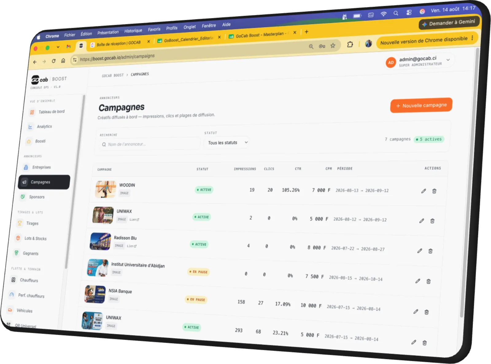 Console GoCab Boost : liste des campagnes et de leurs performances
