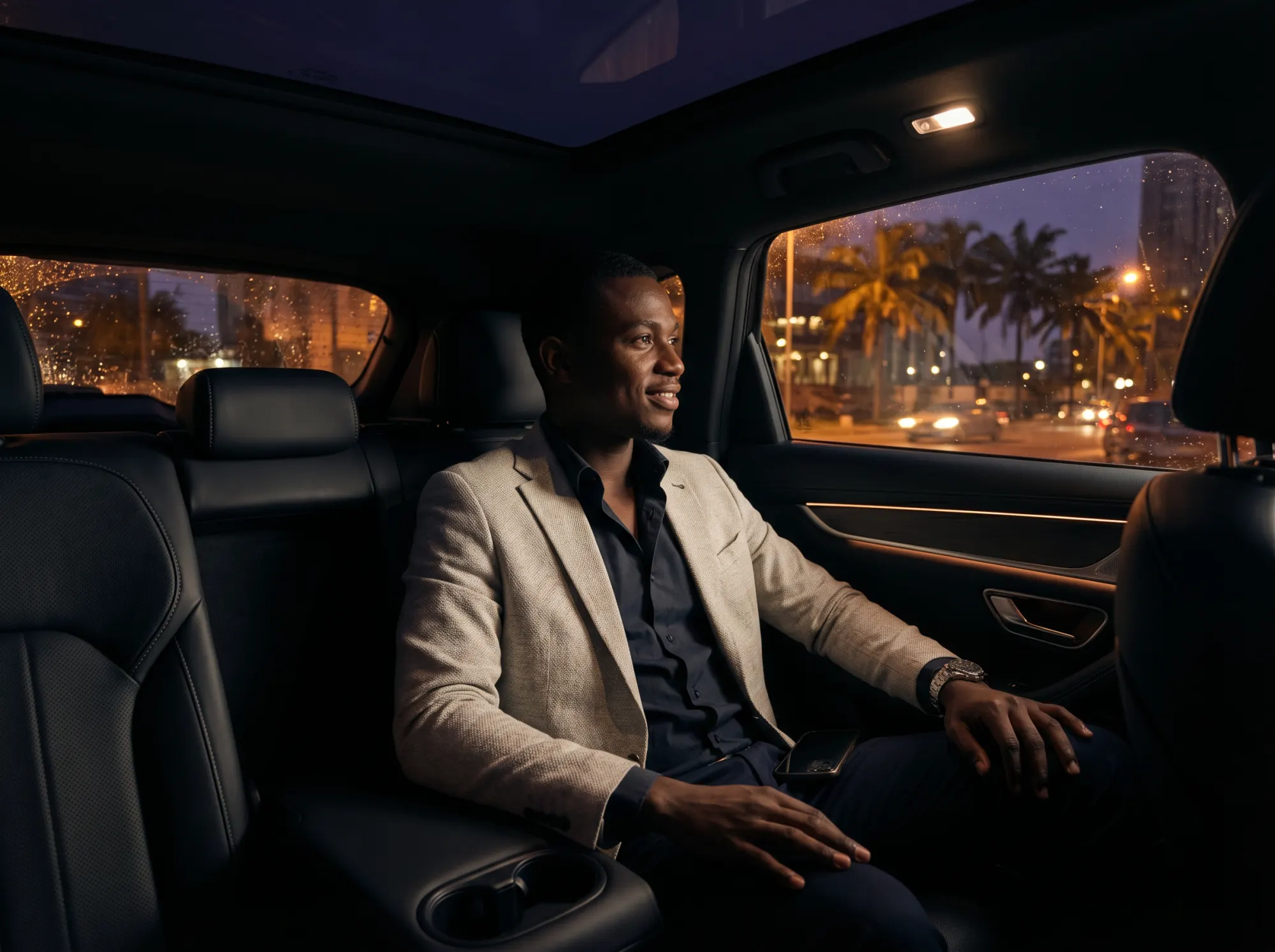 Passager souriant à l'arrière d'un VTC GoCab, de nuit à Abidjan
